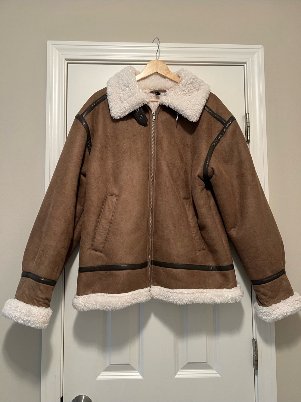 H&M Shearing-Lined Brown Jacket with Cream Collar